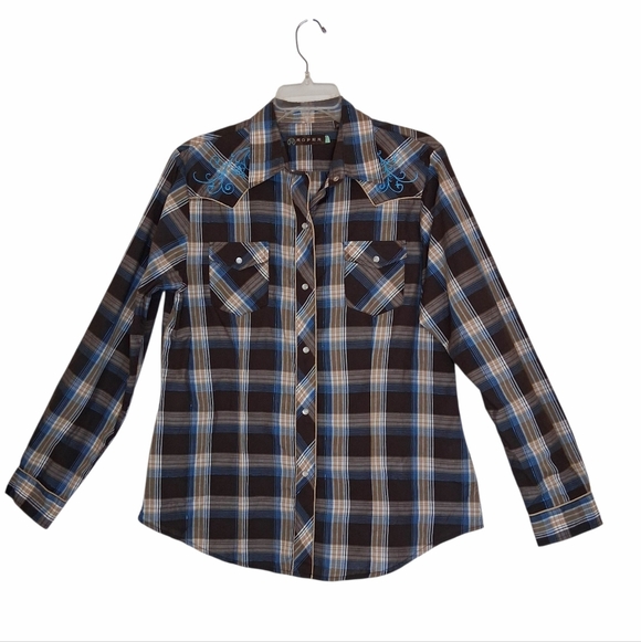 Roper Embroidered Plaid Snap Front Western Blouse Sz Large Turquoise Brown - Picture 2 of 10